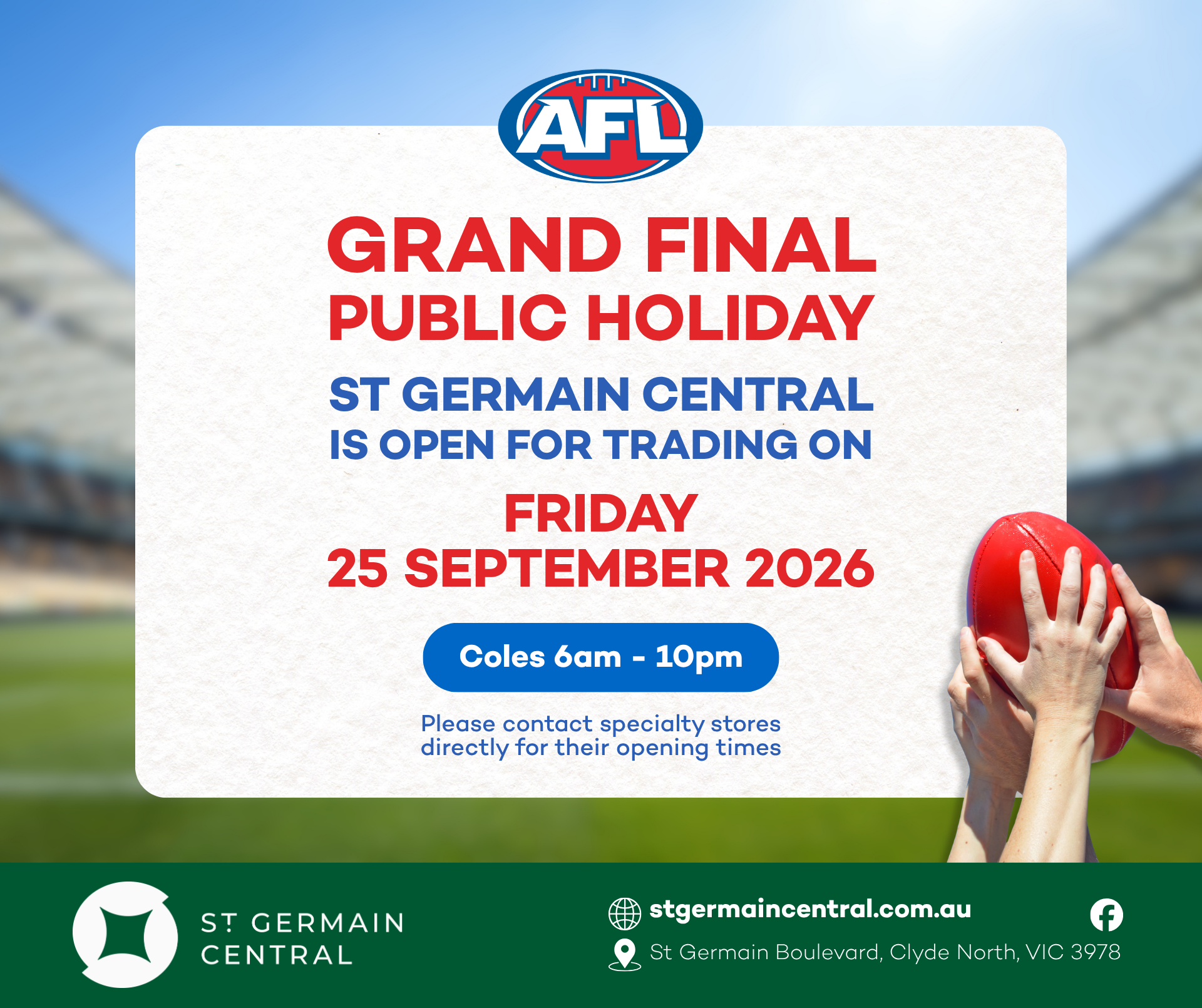 St. Germain Central AFL Grand Final Holiday Trading Hours announcement image